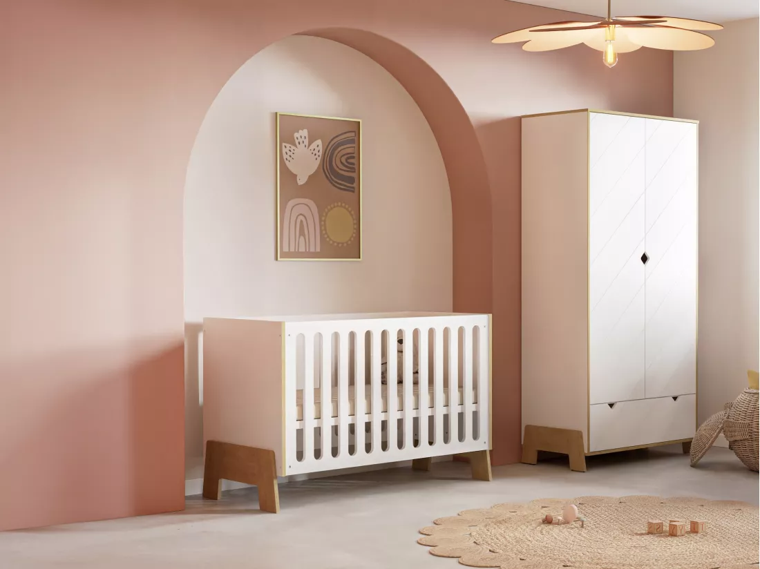 Lit bébé 60 x 120 cm - MDF - Blanc et naturel + Matelas - BERUVO