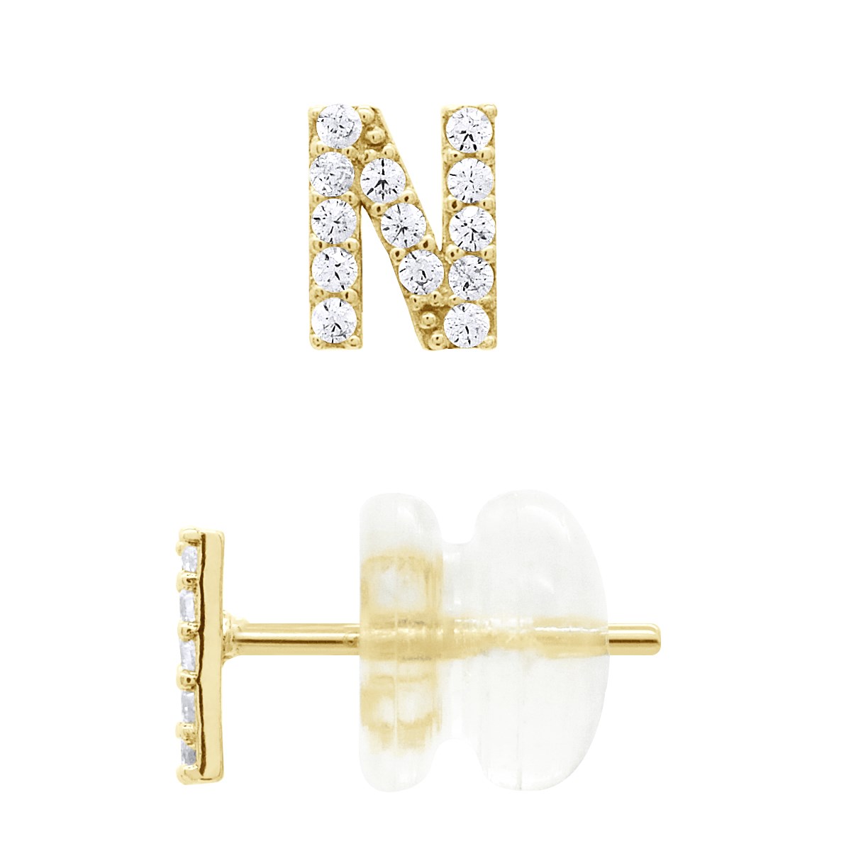 Boucles d'Oreilles Puces - Initiale Lettre N Serties d'Oxydes de Zirconiums - Or Jaune