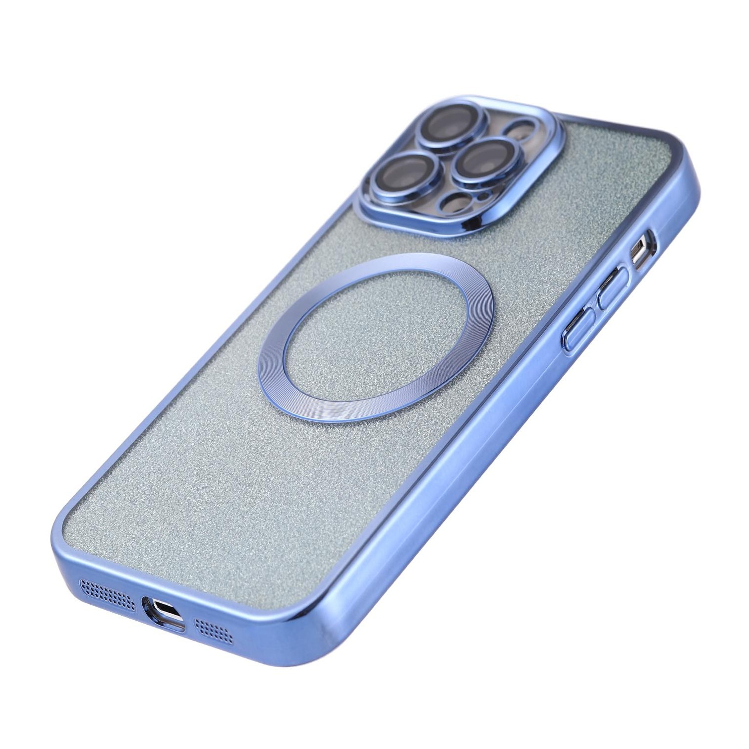 iPhone 13 Pro MagSafe Gummi Case Hülle mit Acryl Kameraglasschutz im Glitzer Design - Hellblau / Transparent