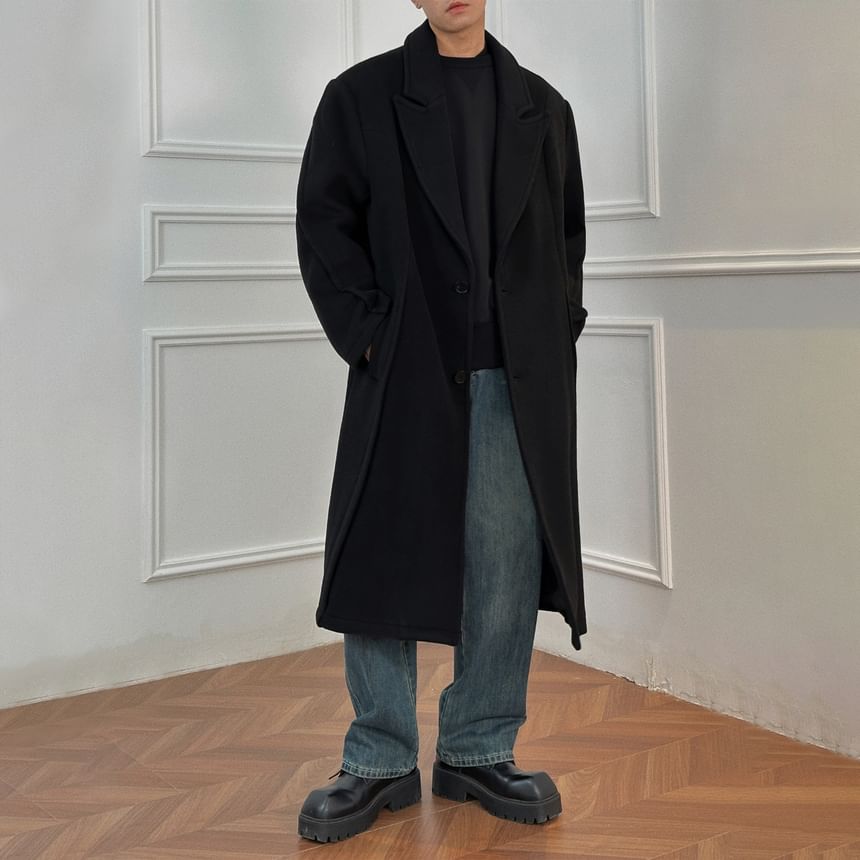 DragonRoad - Peak Lapel Plain Midi Single-Breasted Coat