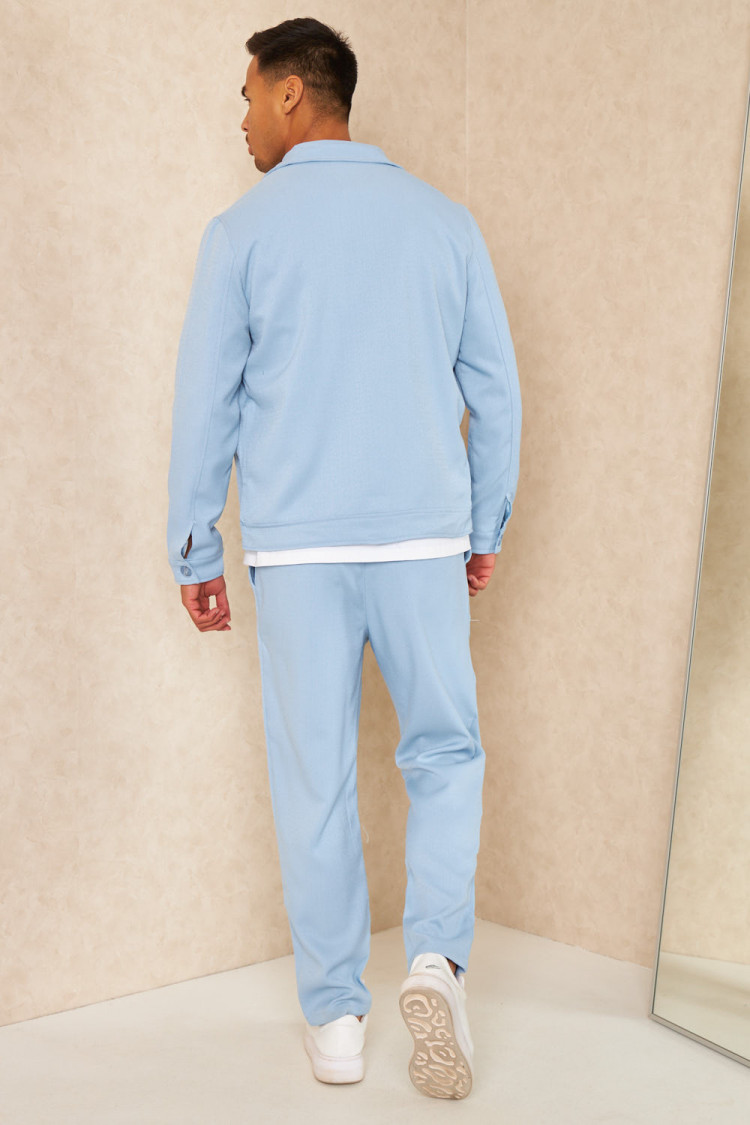 Ensemble 2 pièces surchemise + pantalon texture lin bleu clair