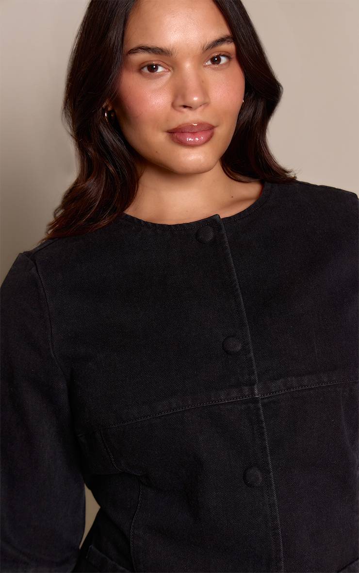 Noir Chemise En Denim Col Rond Grande Taille