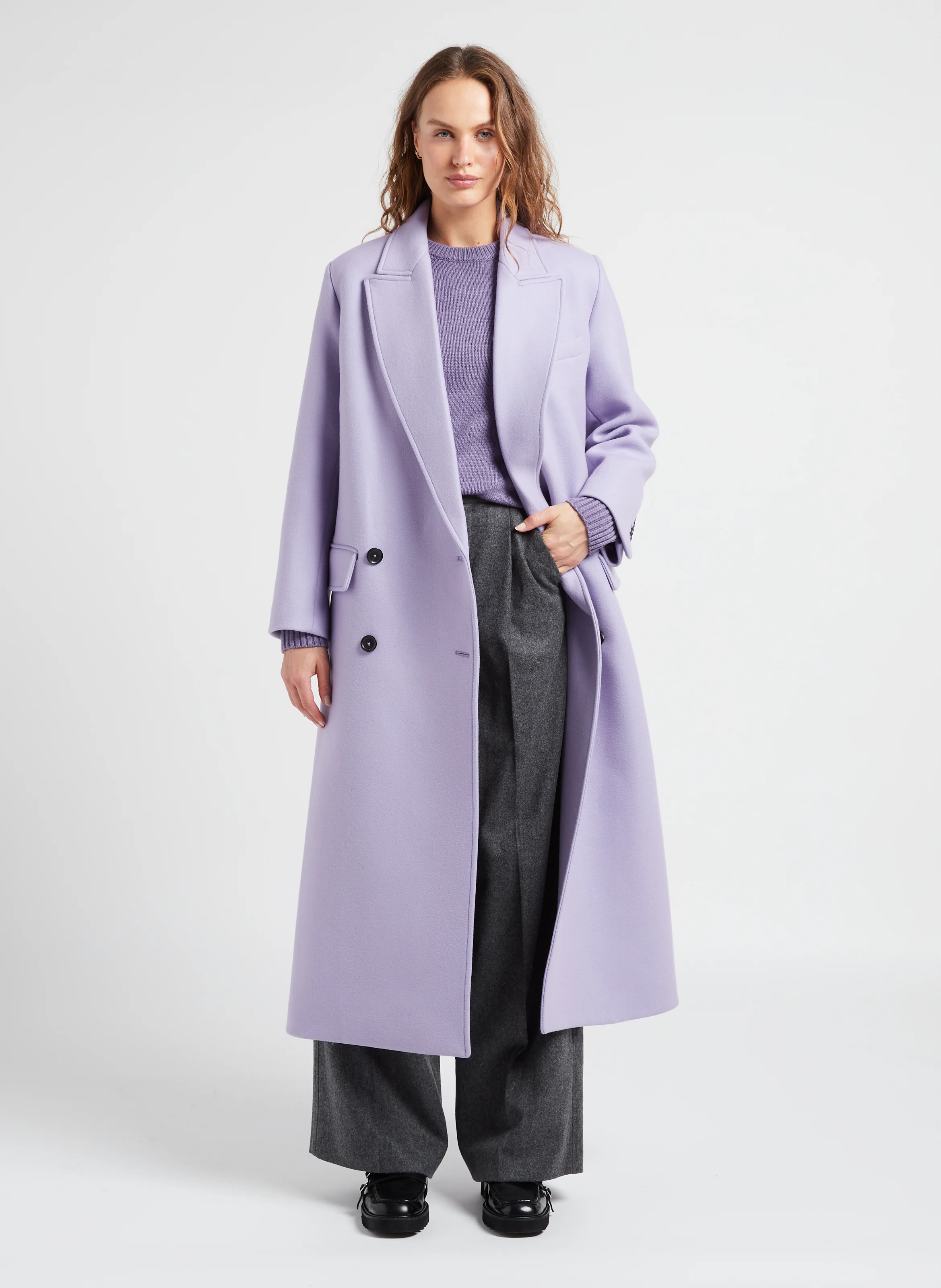 ASTRE - Manteau long col tailleur en laine vierge mélangée | Violet