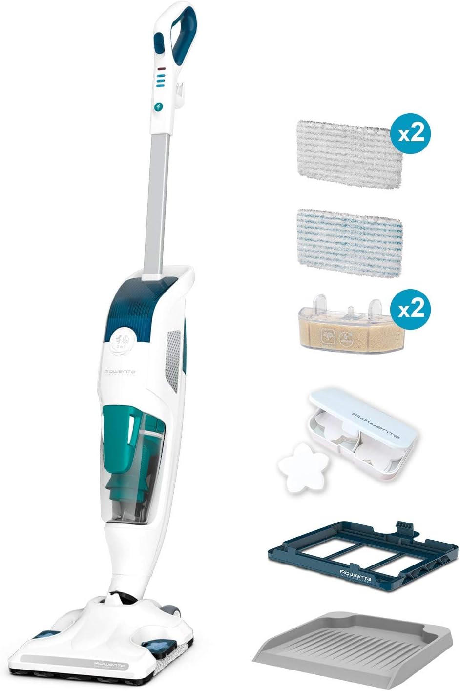 Rowenta Bodendampfreiniger Clean & Steam Revolution, 2 in 1 Reingung Saugen und Dampfen, Diffusor für ätherische Öle, alle Bodenarten, Anti-Kalk-Kartusche, Weiß-Blau, RY7757