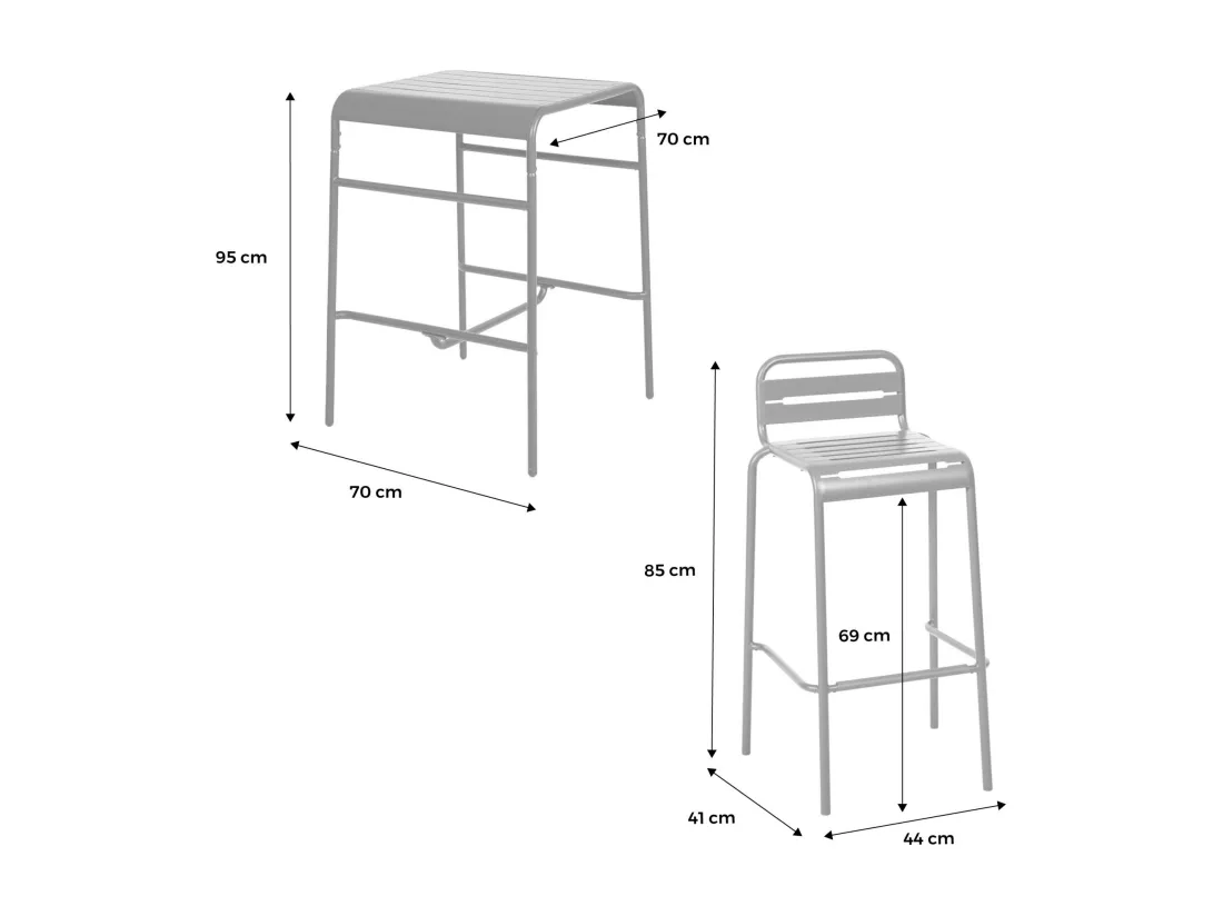 Table haute de jardin acier + 2 assises AMELIA beige. 2 chaises hautes en acier. 70 x 70cm x 95cm