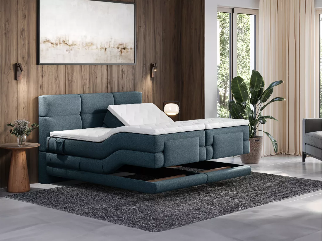 Ensemble complet boxspring tête de lit capitonnée + sommiers relaxation électrique + matelas + surmatelas - 2 x 80 x 200 cm - Tissu - Bleu - LODI de PALACIO