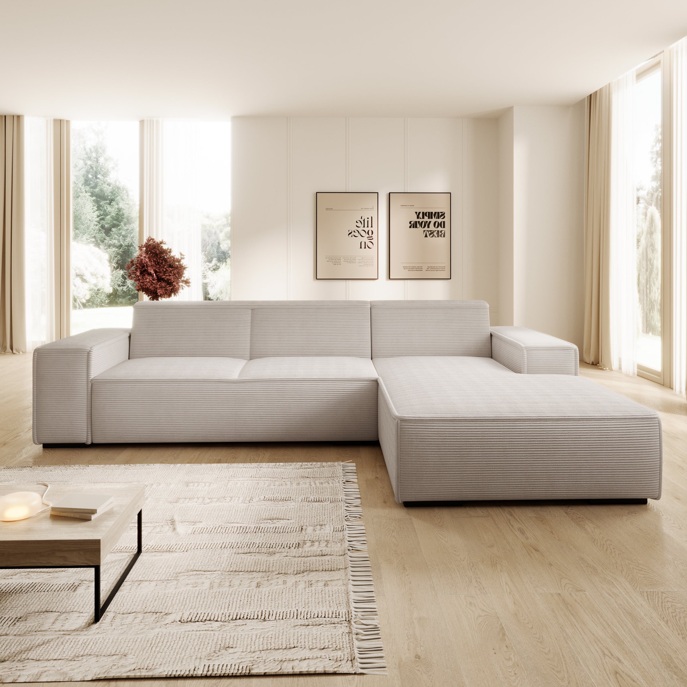 Cardiff - Hoekbank 3-zits met chaise longue - Ribstof beige - Rechts