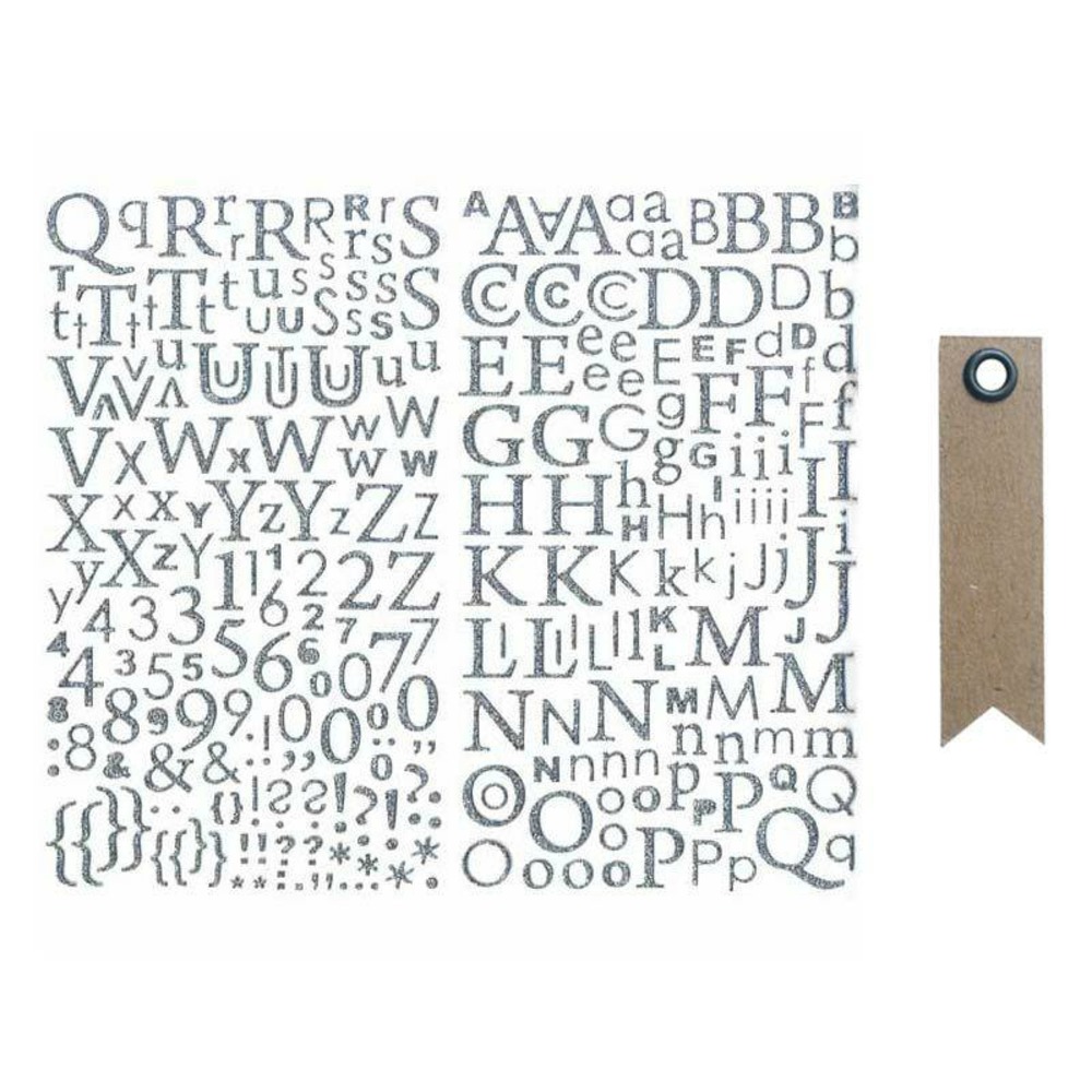 Alphabet autocollant paillettes argenté + 20 étiquettes kraft fanion