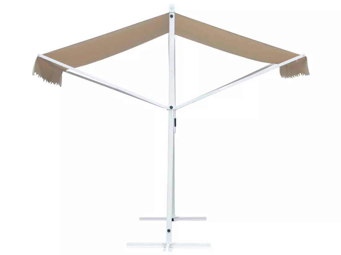 Store double pente manuel rétractable inclinaison réglable acier époxy blanc polyester imperméabilisé anti-UV beige dim. 4,50L x 3,40l x 2,55H m