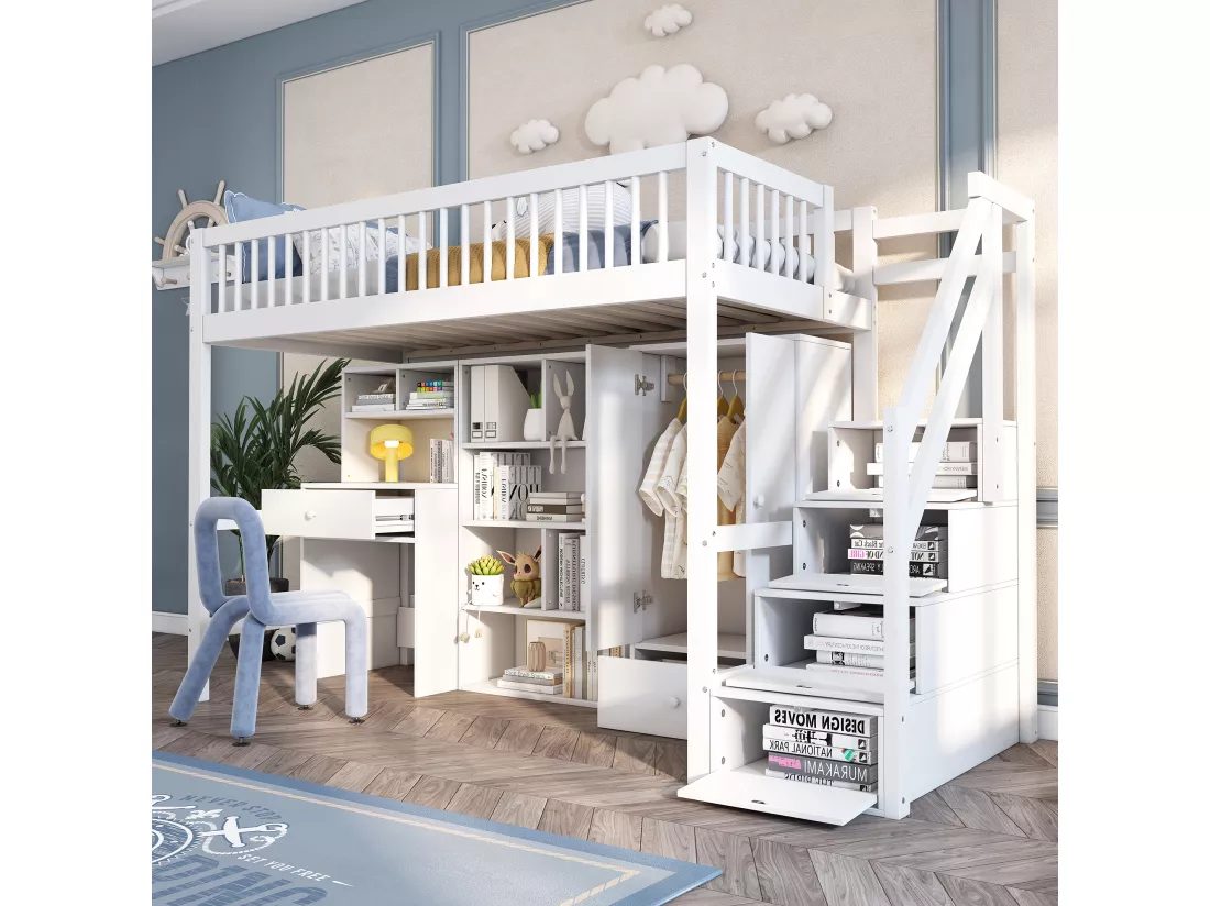 Lit mezzanine 90 x 200 cm avec bureau, étagères et armoir - bois massif - blanc