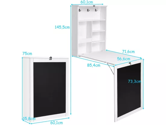 table murale rabattable pliable avec etagère intégrée et tableau noir en mdf 75 x 15,8 x 60,1cm