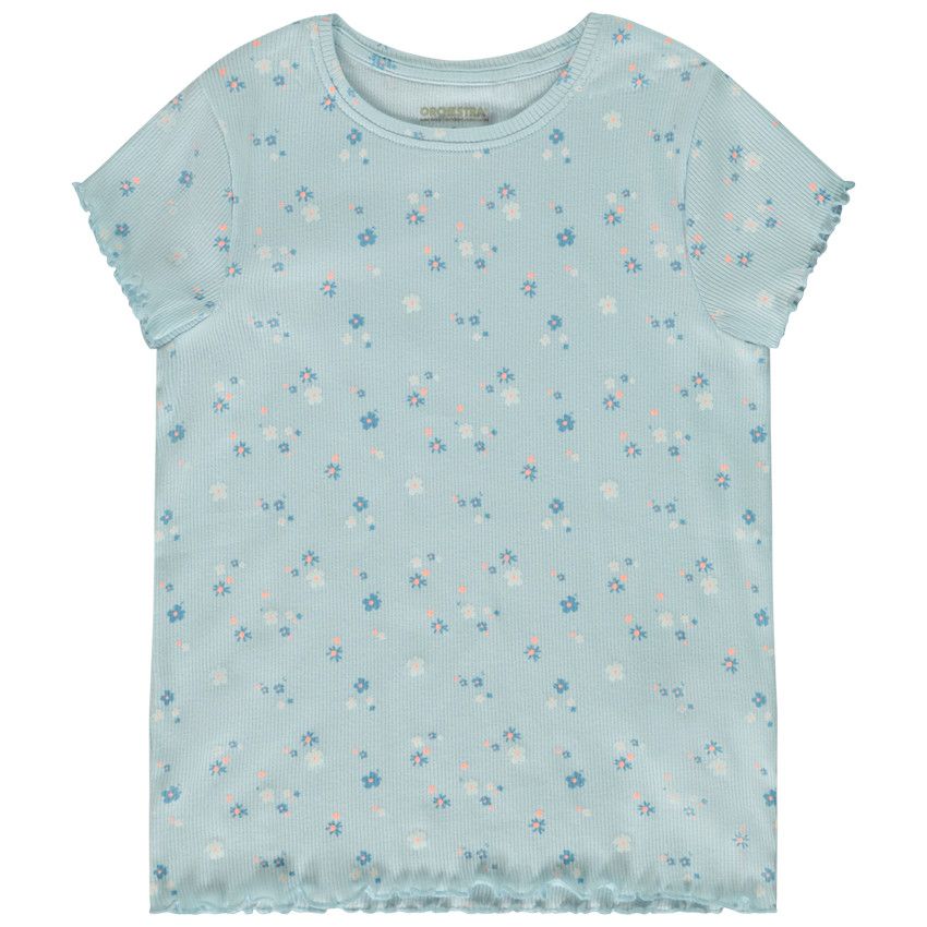 T-shirt manches courtes côtelé imprimé fleuri pour fille - Bleu