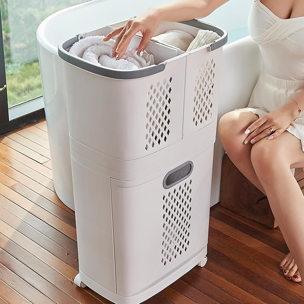 Panier à Linge, Panier à Linge en Plastique avec Roulettes et Poignée, Paniers à Linge Roulants Portables 3 Bacs de Rangement Amovibles pour Salle de Bain, Buanderie et Placard : Cuisine et Maison