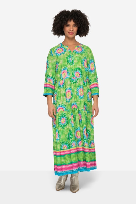 Maxikleid, Straight Fit, Batikdruck, Tunika-Ausschnitt, Langarm