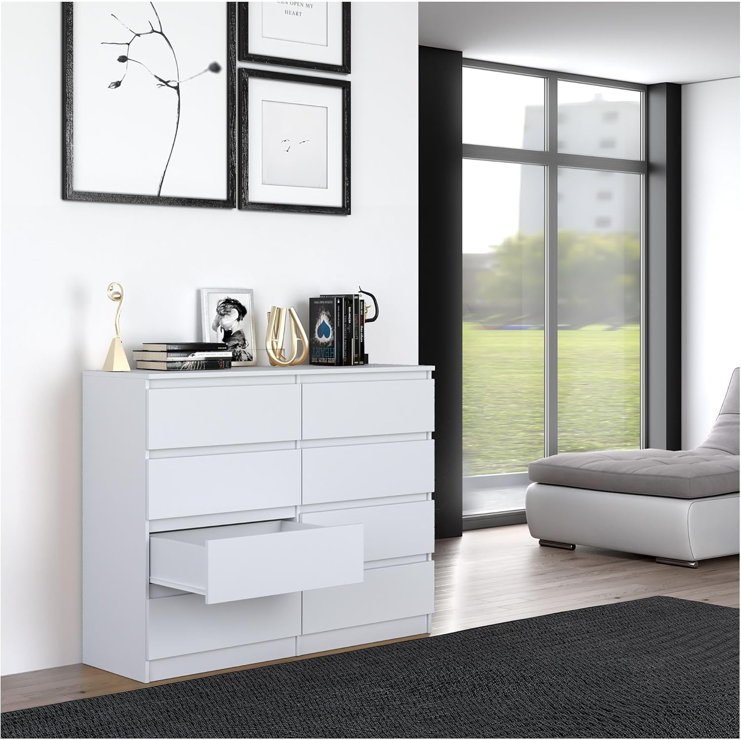 CDF Kommode Weiß mit 8 Schubladen 40 cm Tief Komodenschrank Komode für Wohnzimmer Schlafzimmer Schubladenschrank Malm Kommode viel Stauraum Geeignet Organizer Kleidung 120 cm Breite Modern Look
