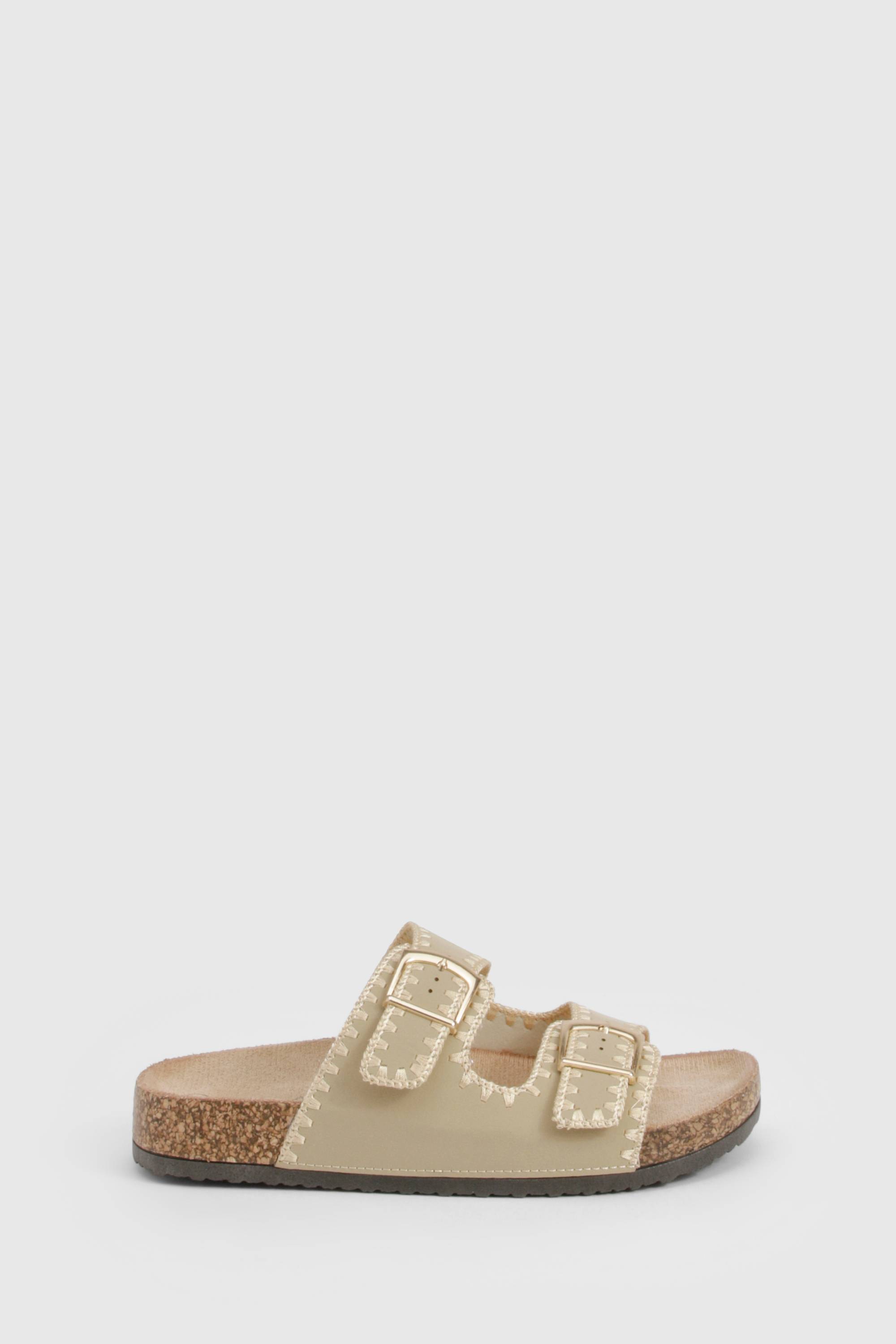 boohoo Contrast Stitch Detail Double Buckle Sliders
