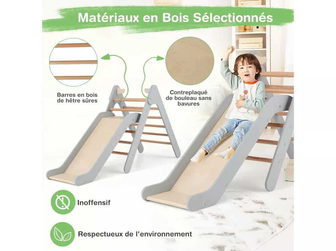 2 en 1 Triangle d'escalade Montessori Enfant avec Toboggan, Echelle d’Escalade en Bois avec Hauteur Réglable, Jouet d'escalade pour Chambre Salle de Jeux, Charge 60kg pour Enfants de 1 an+