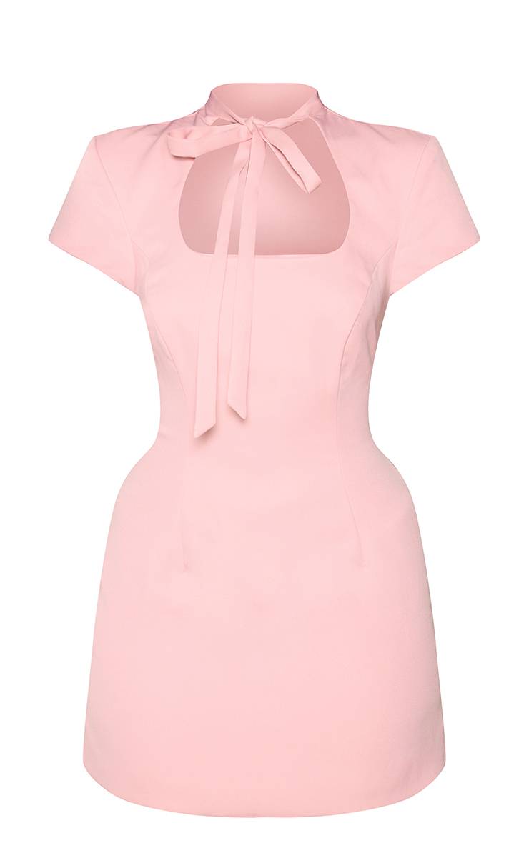 Rose Clair Robe Mini Tissée À Manches Courtes Avec Nœud Papillon