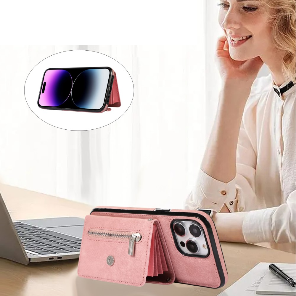 iPhone 14 Pro Max Necklace Leder Schutz Hülle mit Kartenfächer   Handykette (RFID Schutz) - Rosa