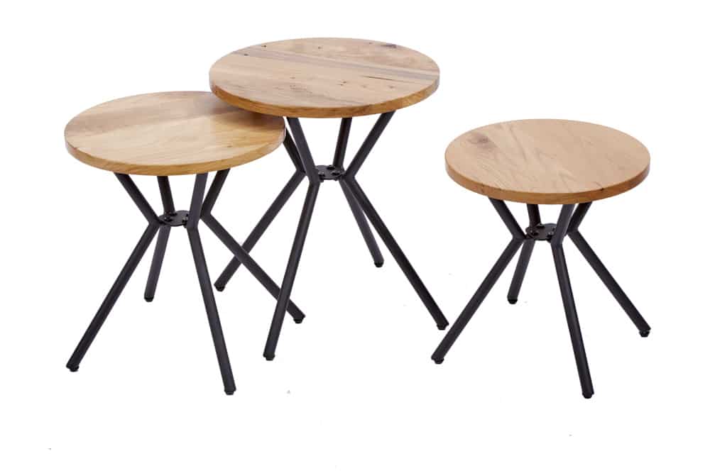 Modernes 3er Set Beistelltische FACTORY 40cm natur Wildeiche Massivholz rund schwarz Metall