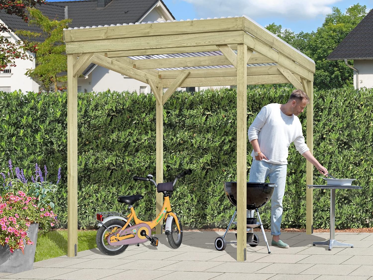 Holzunterstand UNIPORT | Holz Gerätehaus | Kaminholzregal | Holzregal Außen | Terrassenüberdachung | BxTxH: 203 x 199 x 230 cm | Pfosten 7 x 7 cm | Inkl. Transparenten PVC-Dachplatten