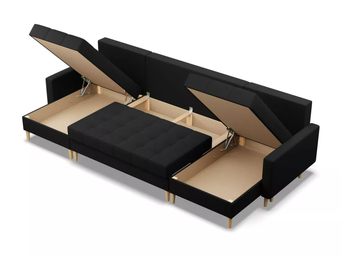 Canapé d'angle en U avec fonction sommeil, 2 méridiennes, Noir