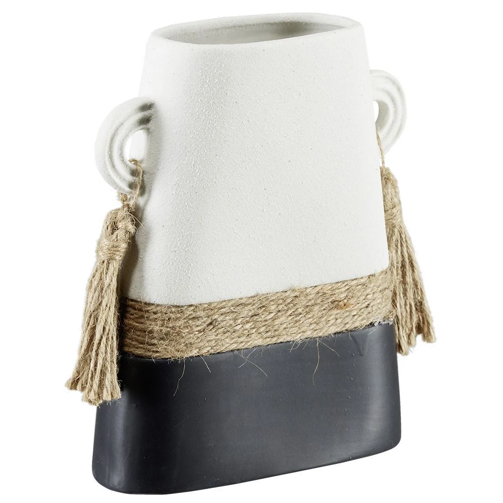 Vase en céramique et jute design ethnique noir et blanc H20,3cm