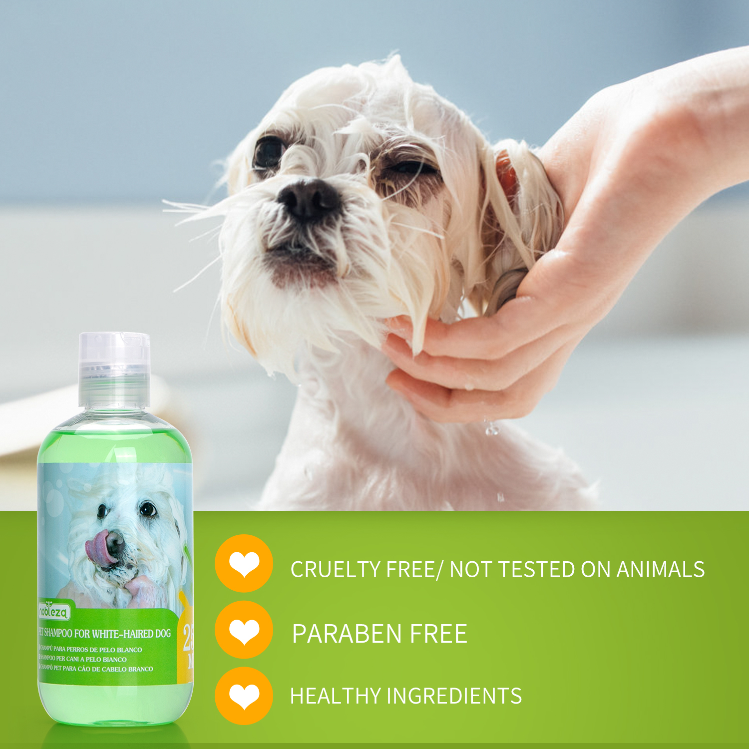 Shampoo Nobleza para Cães Brancos - Remove manchas sem alvejante ou peróxido, shampoo para cães de pelagem branca com fragrância de laranja, shampoo para Bichon Frisé, Maltês e Samoieda 250 ml