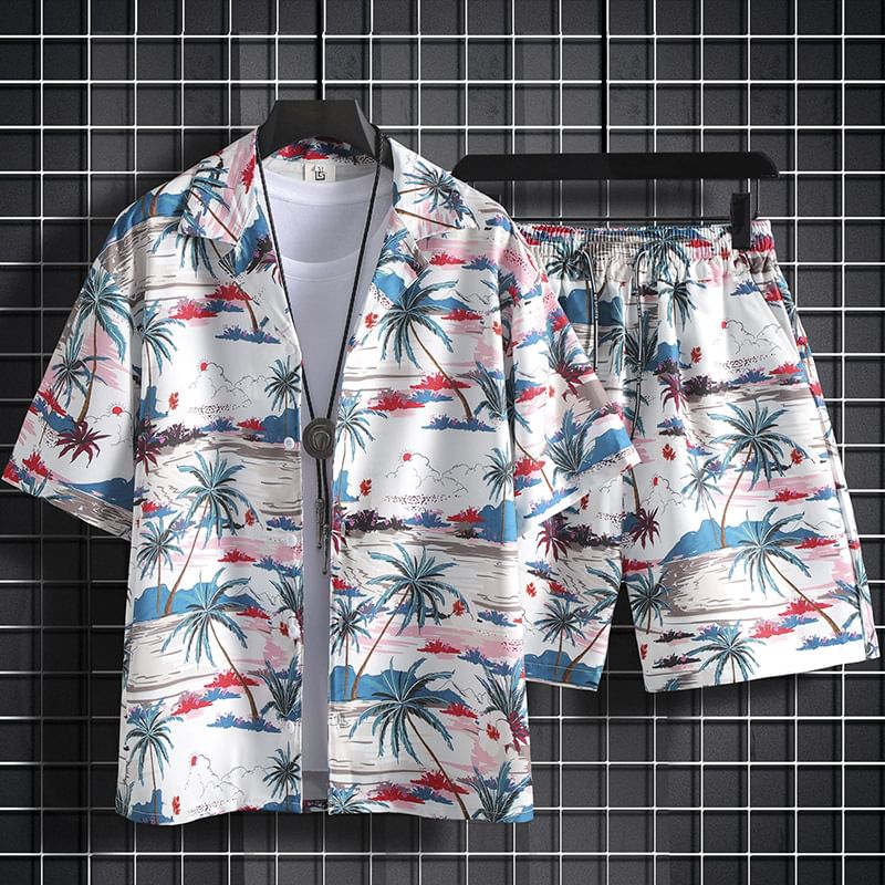 Acrius - Set: Hawaii-overhemd met korte mouwen en tropische print + korte broek met trekkoord