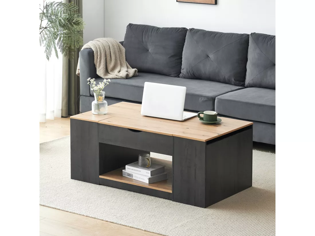 Table basse relevable en MDF - avec espace de rangement sous la table - Gris