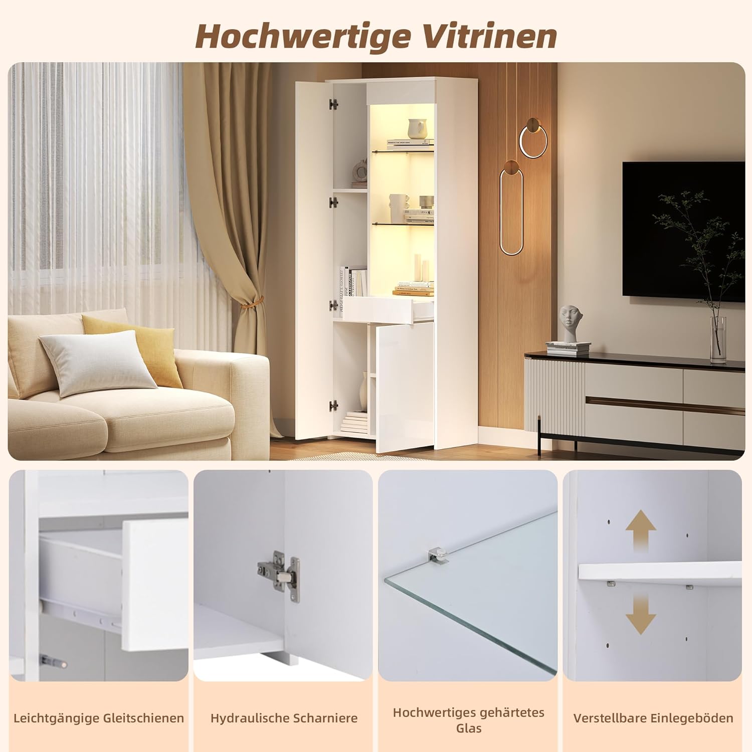 Merax Vitrinenschrank Glasvitrine Vitrine Schrank mit LED-Leuchte, Hochschrank Hochglanz Weiß mit 2 Schrank, Glasboden, Schubladen, Sammlervitrine Bücherregal Standvitrine für Wohnzimmer Büro, 180cm