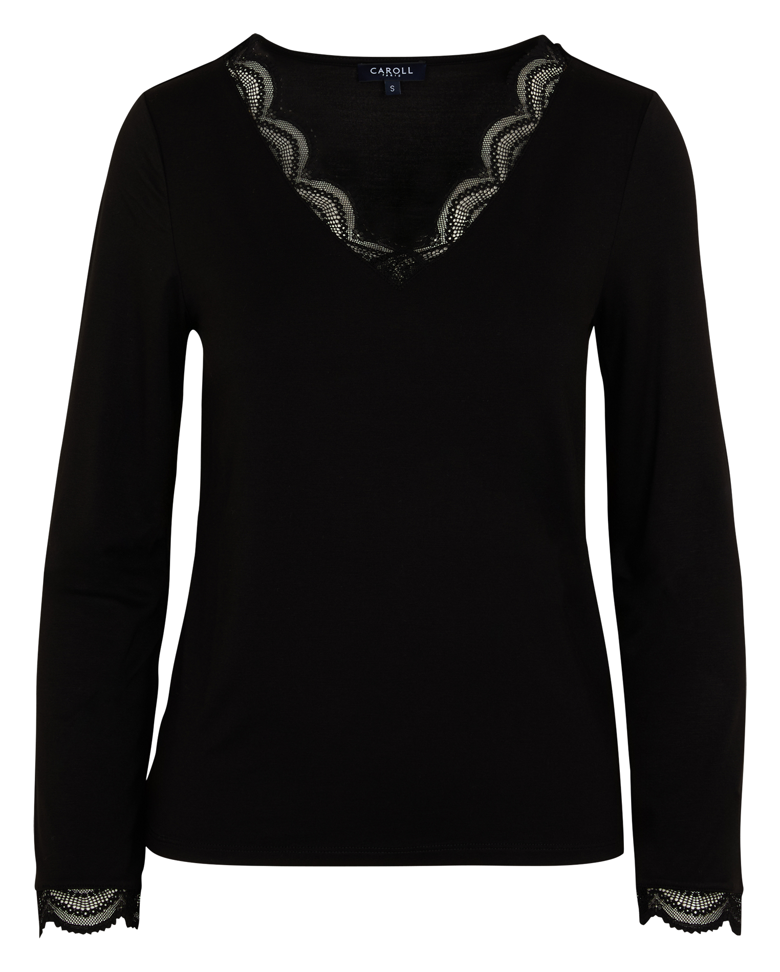 TEVE - T-shirt col v en dentelle finitions festonnées | Noir
