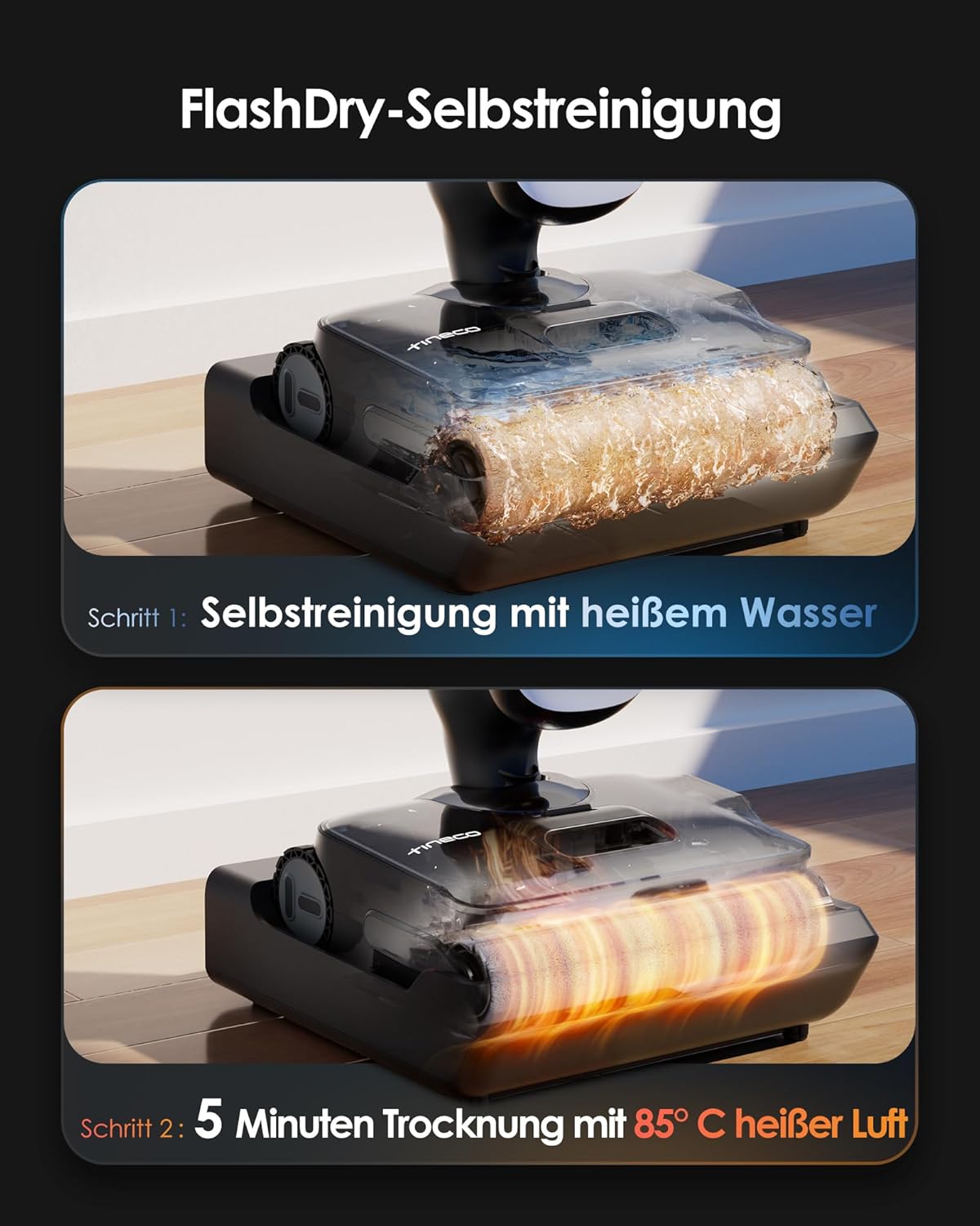 Tineco Floor One S9 Artist Stilvoller Nass Trockensauger, 22kPa Nasssauger, 360° SmoothDrive, Anti-Tangle, 85°C Flashdry-Selbstreinige, 50min Laufzeit, Beidseitige Reinigung, 180° Lay-Flat Staubsauger