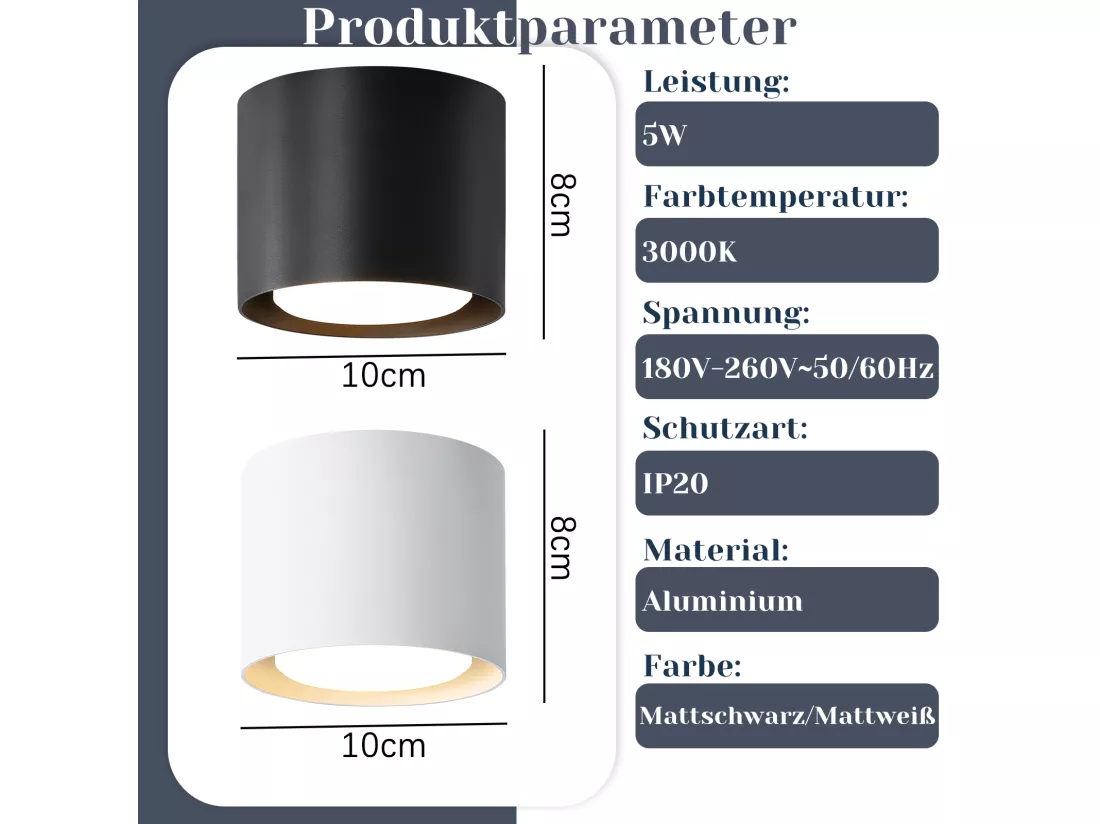 NETTLIFE Plafonnier Spot LED Noir : Plafond rond en saillie, alum. 230V, ampoule GX53 5W 3000K, pour chambre, couloir