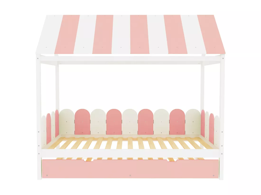 Lit gigogne cabane 2 x 90 x 190 cm avec toit et barrières - bois massif - rose + blanc