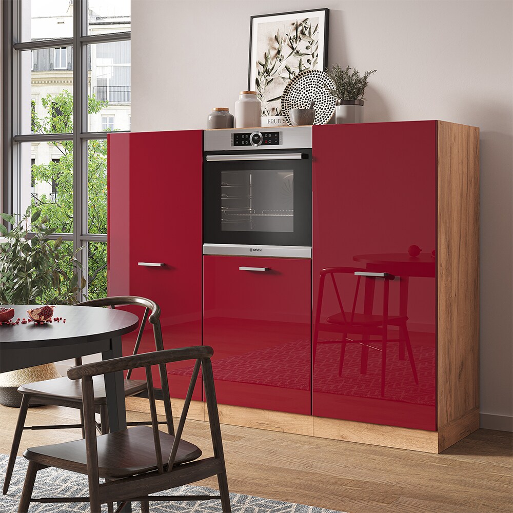 Vicco Küchenzeile Küchenblock Einbauküche R-Line Eiche Bordeaux Hochglanz Backofen