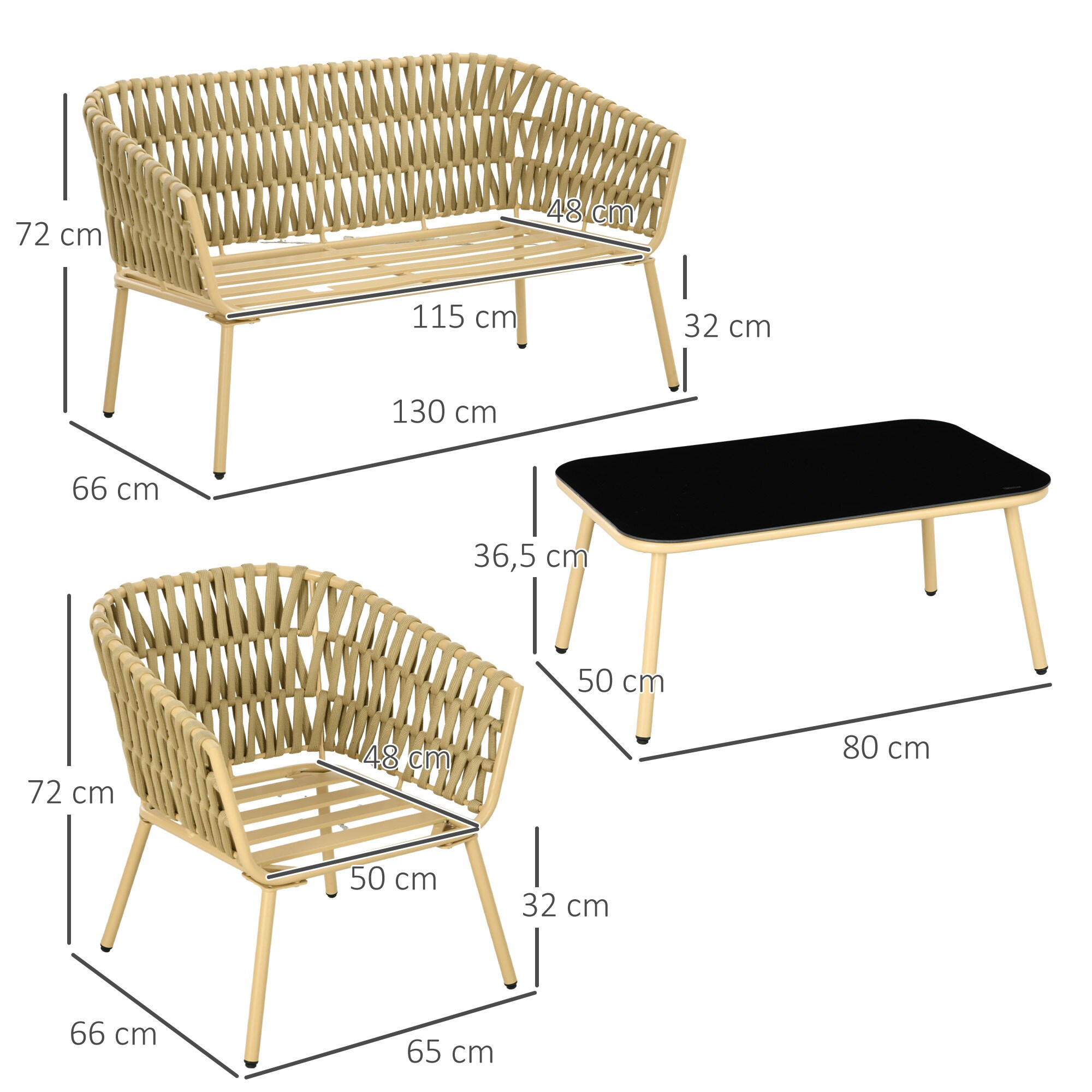 Outsunny Gartenmöbel-Set mit 2er Bank, 2 Stühlen und Polsterkissen braun 130L x 66B x 72H cm