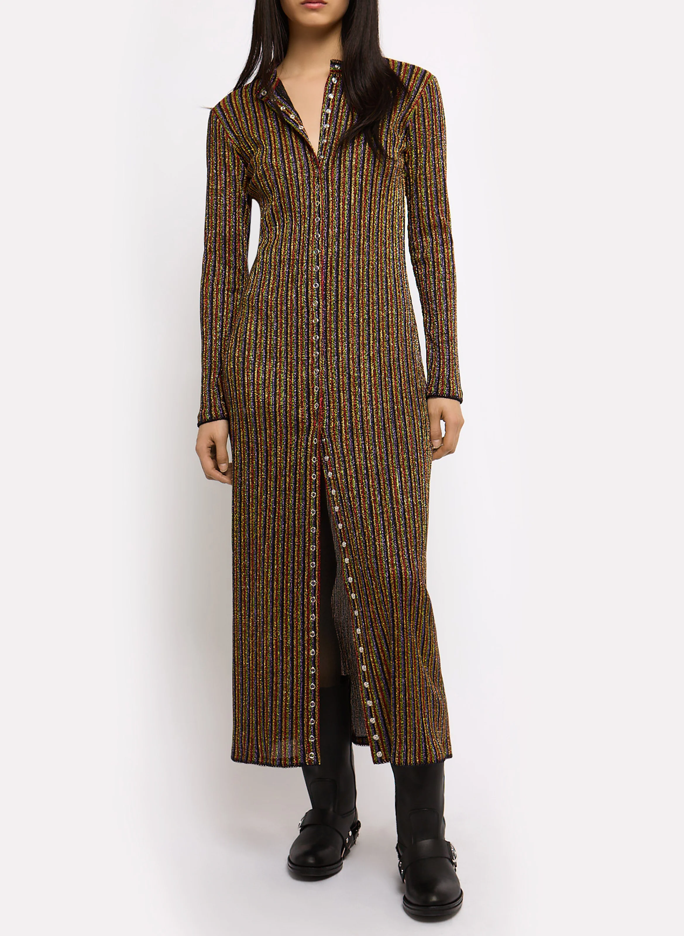 TIM - Robe longue col rond ajustée à rayures pailletées | Multicolore