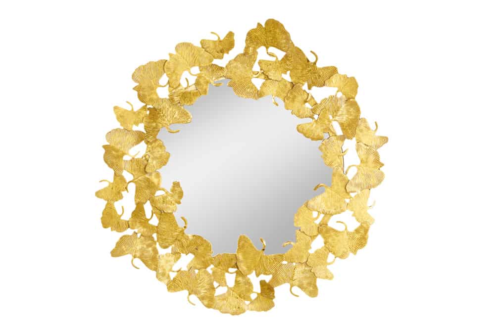 Dekorativer Wandspiegel GINKGO LEAFS L 70cm gold rund aus Metall handmade