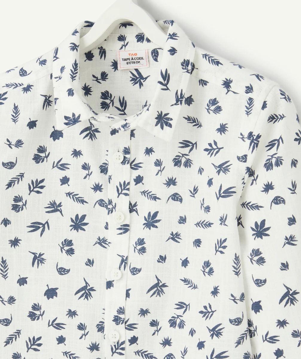 CHEMISE MANCHES LONGUES GARÇON BLANCHE AVEC IMPRIMÉ FEUILLES BLEUES