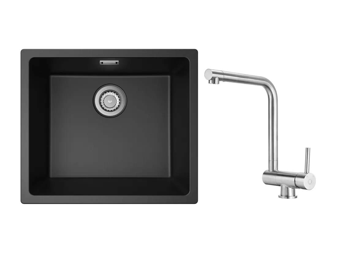 Evier 1 Bac en Quartz et Résine, 3 Options de Montage, 50*44*20cm + Mitigeur de Cuisine Rabattable Brossé
