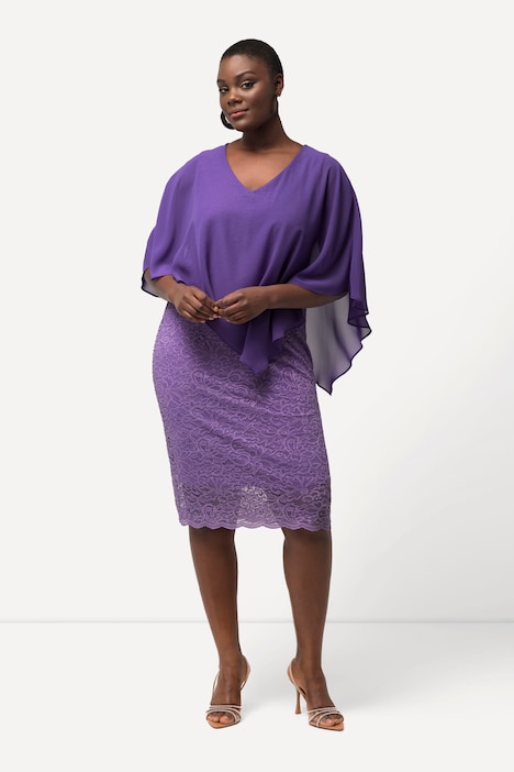 Abendkleid, Chiffon-Cape, Jersey, Spitzensaum, 3/4-Arm