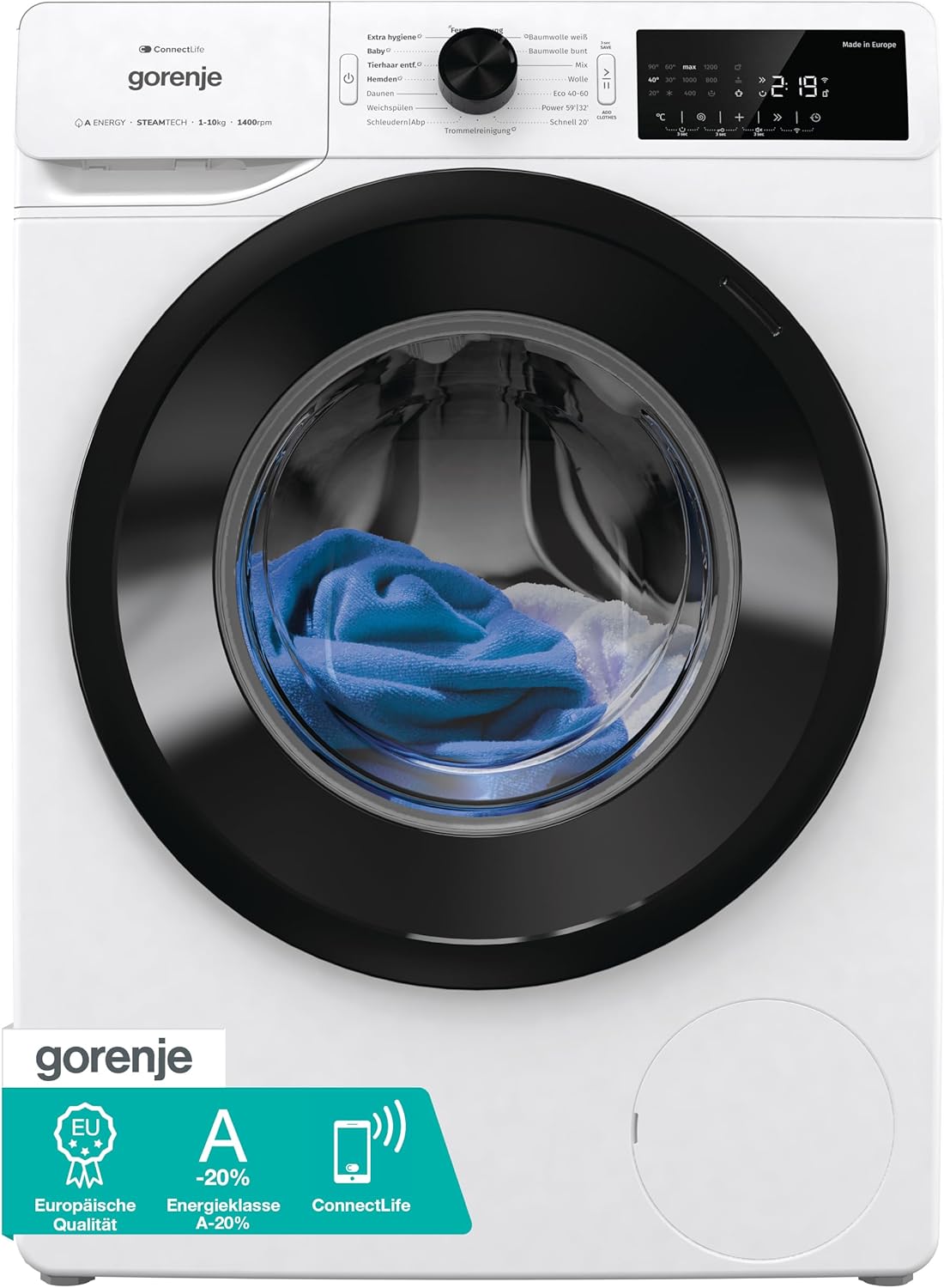 Gorenje WPAM14A2T Waschmachine mit Dampffunktion/ConnectLife / 10Kg / 1400 U/min / 15 Programme/Totaler AquaStop/Edelstahl Trommel/ExtraHygiene/PowerWash/Schnell Waschgang/EEK: A-20%
