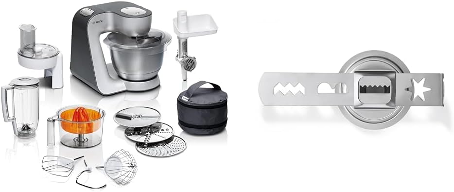 Bosch Küchenmaschine Serie 6 MUM56340, Schüssel 3,9 L, Mixer 1,25 L & MUZ45SV2 Spritzgebäckvorsatz, für Fleischwolf, perfekt zum Backen, vier Formen, Edelstahl, passend Serie 4, Serie 2, MUM4