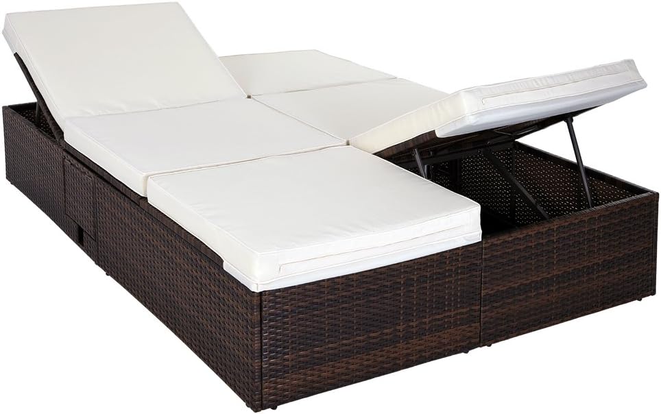 Casaria® Sonnenliege 2 Personen mit Klapptisch 7cm Auflagen Wetterfest Gartenliege 400kg Belastbar Liegestuhl Verstellbar Braun Creme 196x116cm
