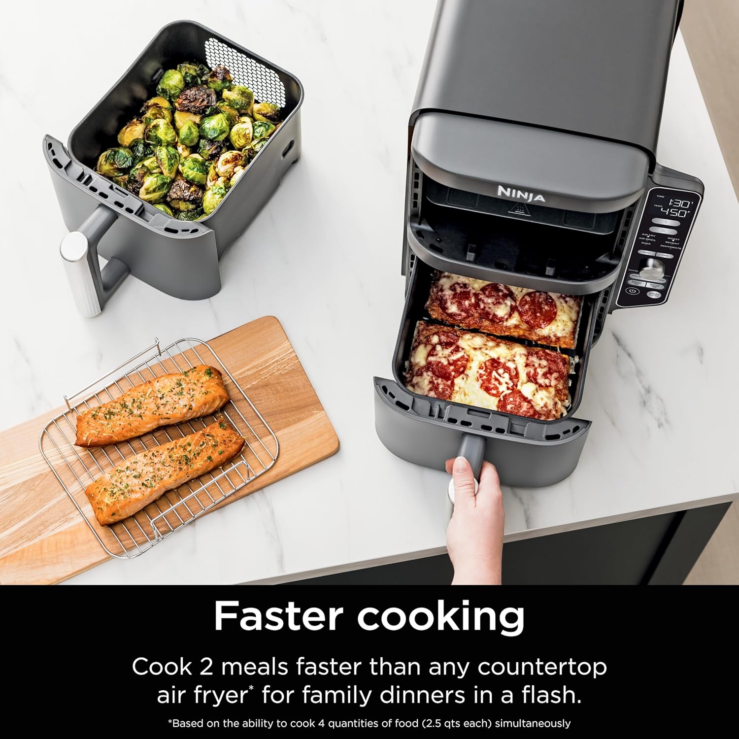 Ninja SL401 DoubleStack XL Friteuse à air comprimé à 2 paniers, technologie DoubleStack cuit 4 aliments à la fois, design compact, 10 litres, 6 en 1, finition intelligente et cuisson des allumettes