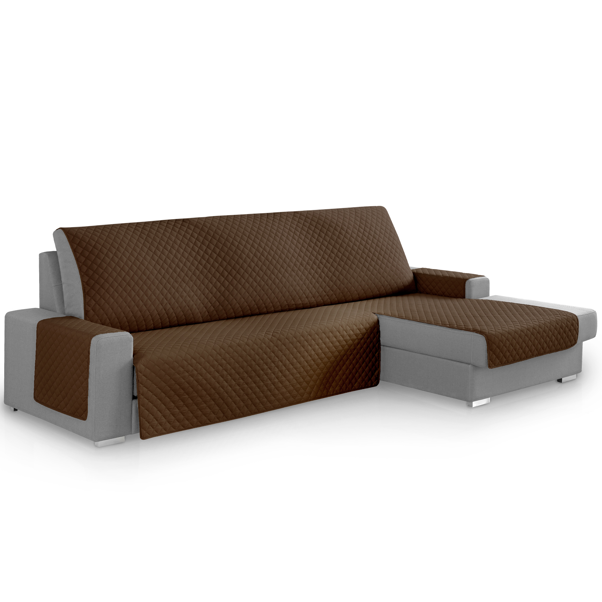 Capa protetora para sofá Vipalia com estampa de diamante. Marrom. Chaise longue à direita, 240 cm.