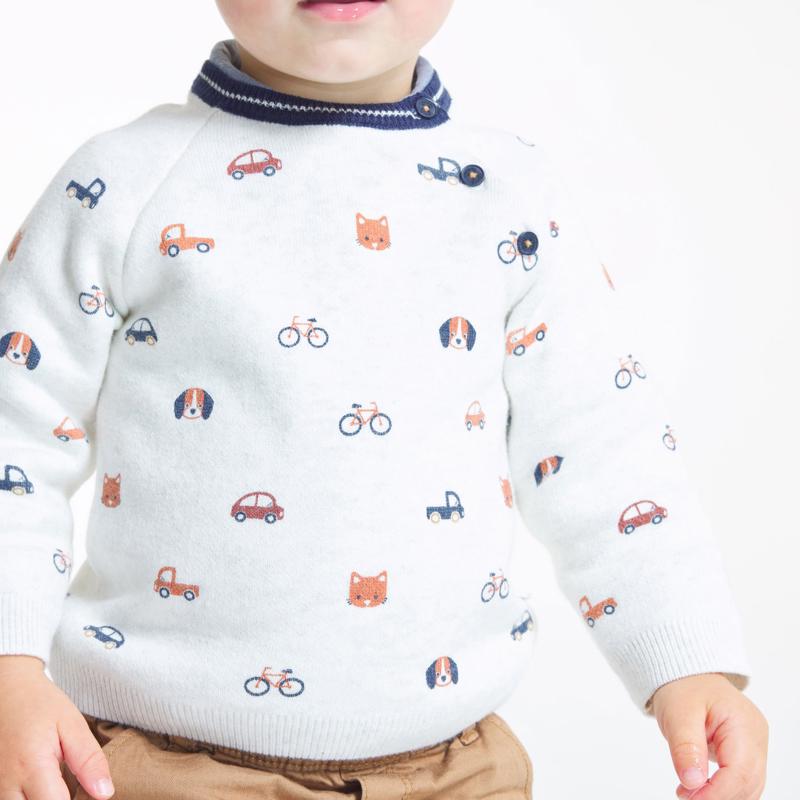 Pull maille animaux et véhicules blanc bébé garçon Blanc