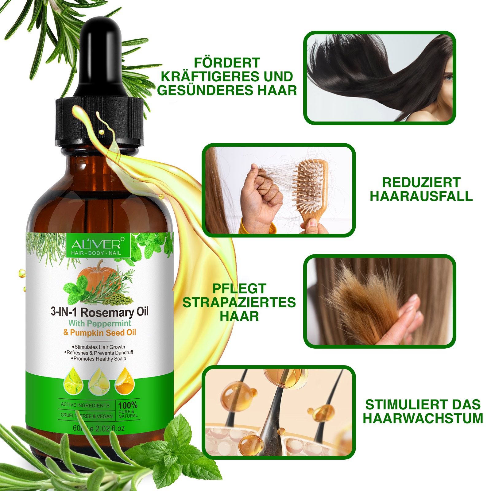 ALIVER 3-in-1 Rosmarinöl Pfefferminz Kürbiskern Haaröl für Haarwachstum