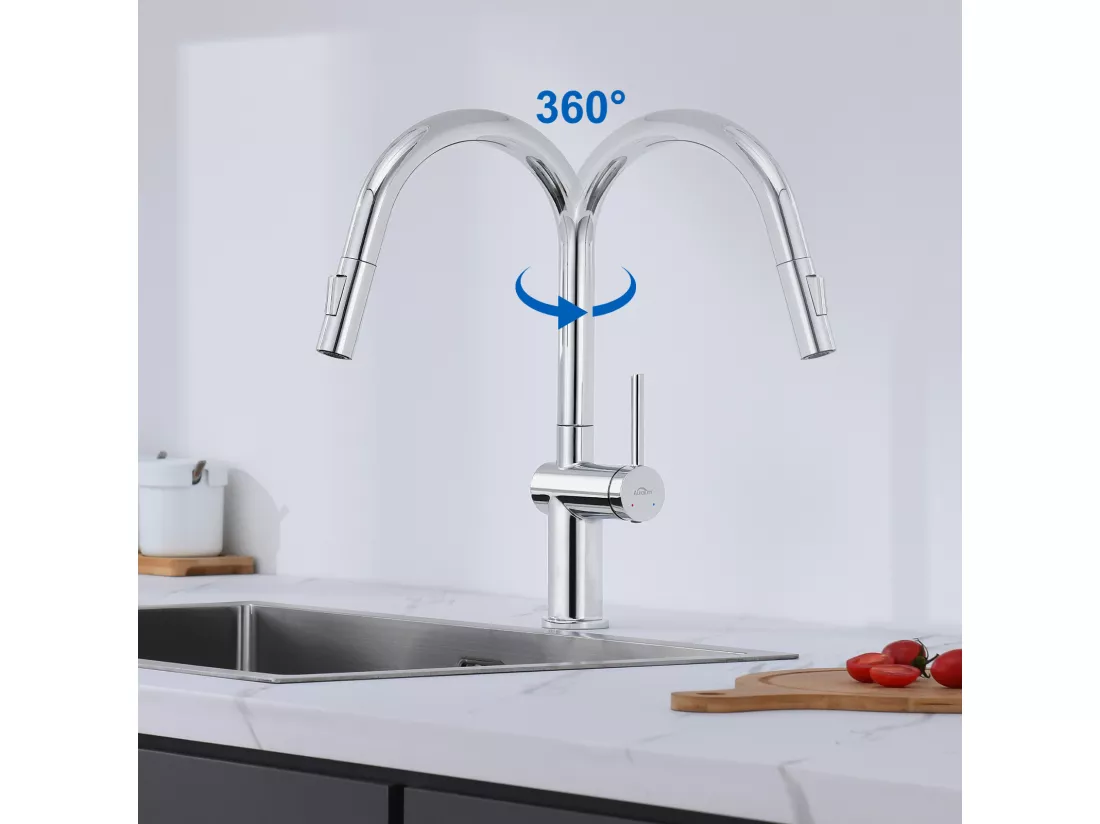 AuraLum Max Robinet de Cuisine Extractible, Robinet de Cuisine Avec Douchette Deux Types de Jets D'eau,Mitigeur Monocommande Pivotant À 360,EU Modèle